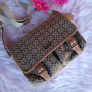 Coach Tan Khaki Camel Canvas Logo Shoulder Crossbody Messenger Travel Bag